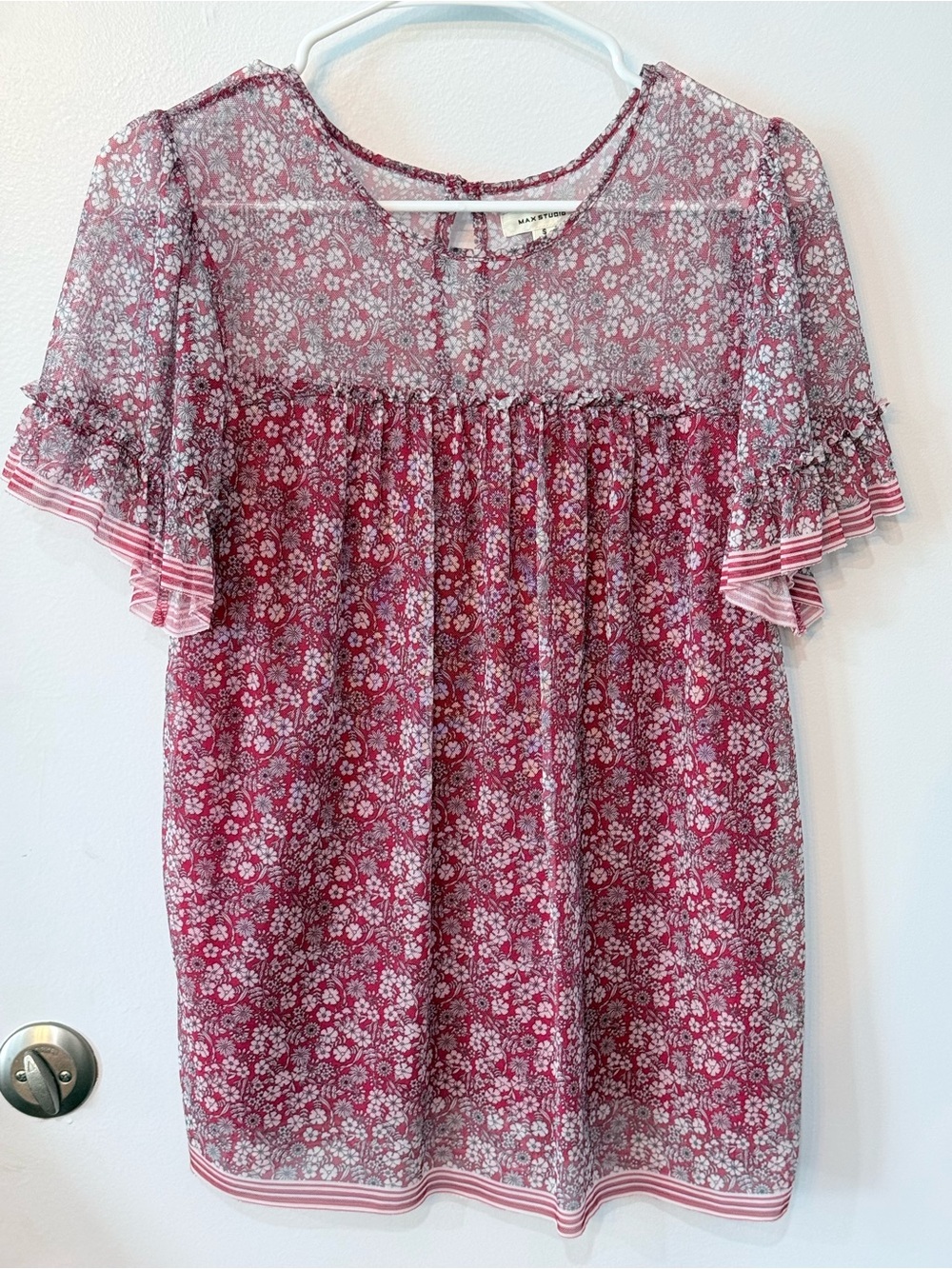 Max Studio Red Floral Sheer Yoke Ruffle Blouse, small